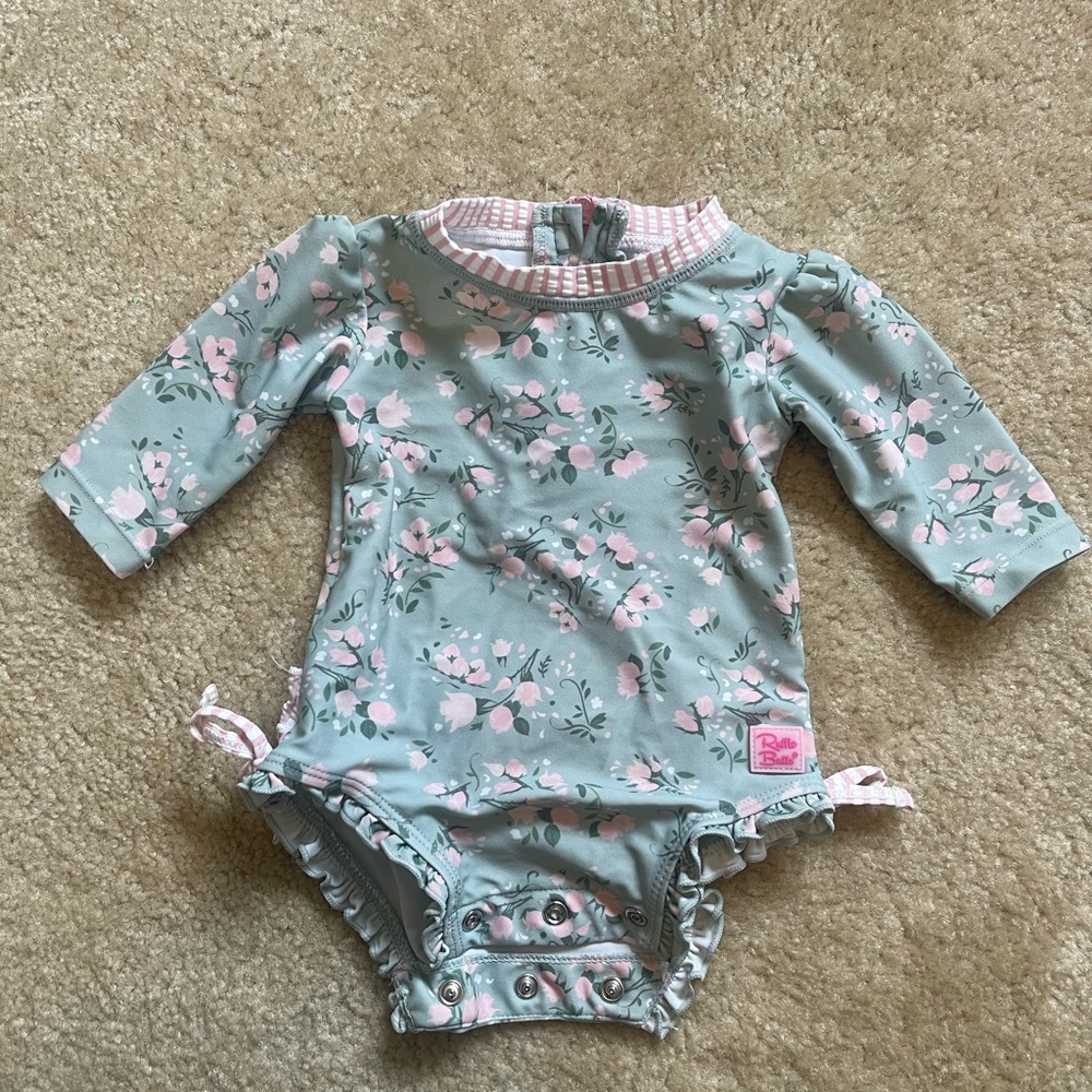 Ruffle Butts Floral Long Sleeve Swimsuit - Pink and Green